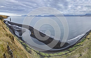 Iceland, Northwest Coast, Huna Fjord, Black Sand Beach View, overcast autumn day