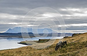 Iceland, Northwest Coast, Huna Fjord, Black Sand Beach View, overcast autumn day, a flock of birds flies over the fjord