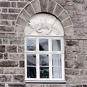 Iceland Parliament window with a bull 2017