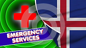 Iceland Realistic Flag with Emergency Services Title Fabric Texture 3D Illustration