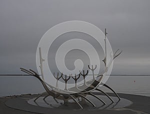 Iceland, Reykjavik, July 30, 2019: Street view of ship Solfar. Sun Voyager is a sculpture by Jon Gunnar Arnason, located