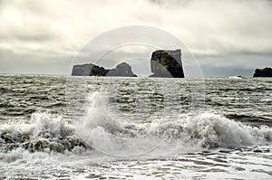 Iceland, Reynisfjara Beach, cliffs and characteristic stretch of sea