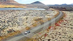 Iceland road landscape, beautiful volcanic nature in sunny weather, travel destination f road