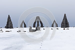 Iceland`s famous landmark, amazing tourist site, a beautiful view of the Arctic Henge At RaufarhÃ¶fn, Northern Iceland