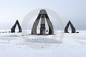 Iceland`s famous landmark, amazing tourist site, a beautiful view of the Arctic Henge At RaufarhÃ¶fn, Northern Iceland