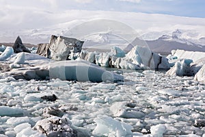 Iceland`s glaciers at the famous Glacier Lagoon. Beautiful cold landscape picture of glacier lagoon bay.