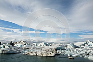 Iceland`s glaciers at the famous Glacier Lagoon. Beautiful cold landscape picture of glacier lagoon bay.