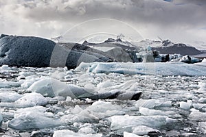 Iceland`s glaciers at the famous Glacier Lagoon. Beautiful cold landscape picture of glacier lagoon bay.