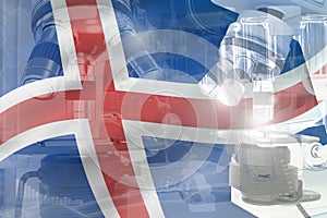 Iceland science development conceptual background - microscope on flag. Research in nanotechnology or chemistry, 3D illustration