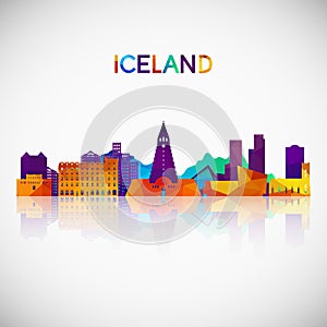 Iceland skyline silhouette in colorful geometric style.