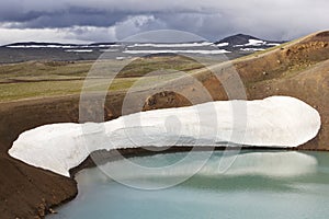 Iceland. Stora-Viti crater with water. Slope with snow.