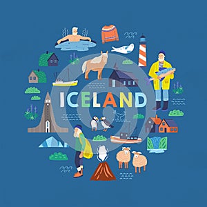Iceland symbols flat vector illustrations. Tourist postcard decorative design element. Traditional Islandic people