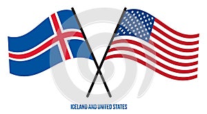 Iceland and United States Flags Crossed And Waving Flat Style. Official Proportion. Correct Colors