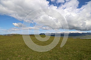 Iceland- View of the ice-covered Katla volcano and Eyjafjallajökull to the left