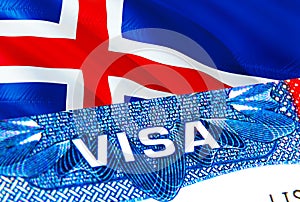 Iceland Visa. Travel to Iceland focusing on word VISA, 3D rendering. Iceland immigrate concept with visa in passport. Iceland