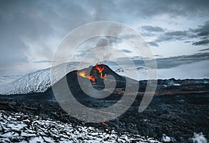 Iceland Volcanic eruption 2021. The volcano Fagradalsfjall is located in the valley Geldingadalir close to Grindavik and