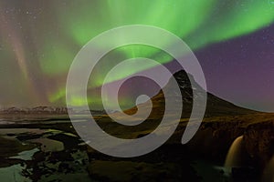 Iceland volcano with northern light