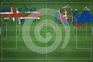 Iceland vs Slovakia Soccer Match, national colors, national flags, soccer field, football game, Copy space