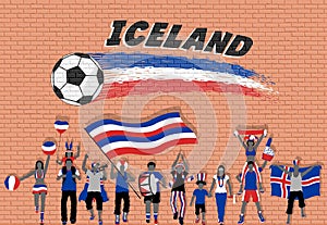 Icelander football fans cheering with Iceland flag colors in fro