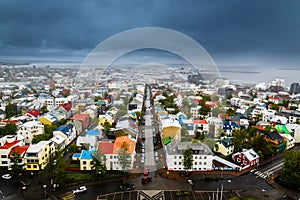 Icelandic capital panorama, streets and colorful resedential buildings with fjord and mountains in the background, Reykjavik, Ice photo