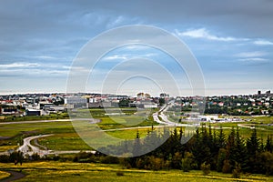 Icelandic capital panorama, streets and resedential buildings wi
