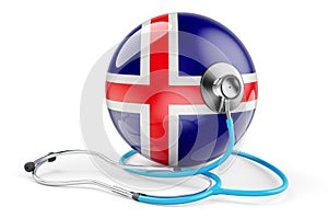 Icelandic flag with stethoscope. Health care in Iceland concept, 3D rendering