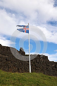 Icelandic flag in Thingvellir- Althing- Pingvellir- National Park