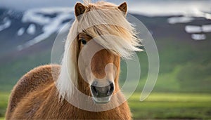 Icelandic horse with a funny mane against a meadow, blurred background, close up