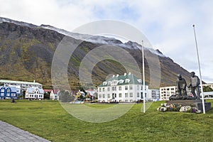 Icelandic houses in front of fjord in Isafjordur, Iceland