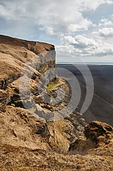 Icelandic landscape with cliffs and black sand