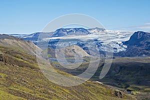 Icelandic landscape with eyjafjallajokull glacier tongue, Markarfljot river and green hills. Fjallabak Nature Reserve
