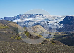 Icelandic landscape with eyjafjallajokull glacier tongue, Markarfljot river and green hills. Fjallabak Nature Reserve