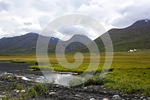 Icelandic landscape with lake, mountains and clouds in the background