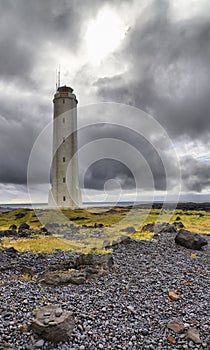 Icelandic lighthouse against a stormy sky