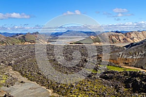 Icelandic mountain landscape. Lava field and volcanic mountains in the Landmannalaugar geotermal area