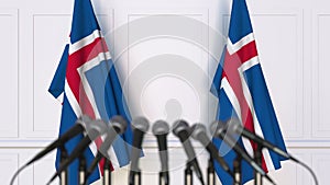 Icelandic official press conference. Flags of Iceland and microphones. Conceptual 3D rendering