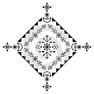 Icelandic rune folk art style tribal line art design with moons, flowers and geometric shapes