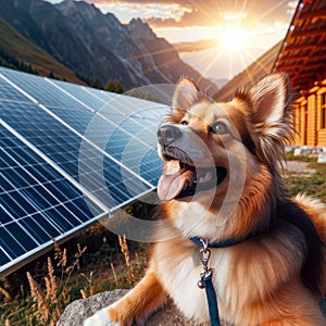 Icelandic Sheepdog on Rock in Front of Solar Panel and Green Field, generative ai