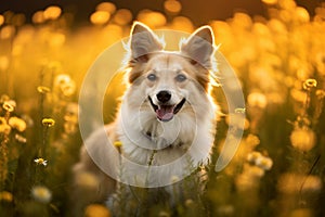 Icelandic sheepdog sitting in meadow field surrounded by vibrant wildflowers and grass on sunny day ai generated