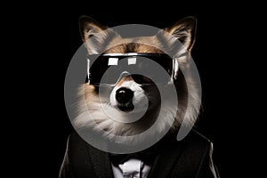 Icelandic Sheepdog In Suit And Virtual Reality On Black Background