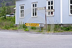 Icelandic sign giving directions to the village of Egilsstadir Iceland, in kilometers from Seydisfjordur