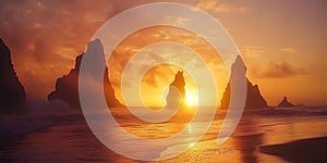 Icelandic Sunset Dramatic Coastal Rock Formations at Golden Hour