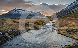 Icelandic Sunset Over River and Snaefellsjokull Volcano