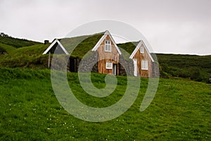 Icelandic traditional house covered with grass, in southern Iceland