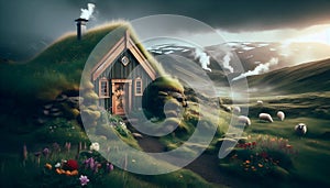 Icelandic Turf House, AI generated image