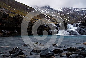 Icelandic waterfall with snow-capped mountain