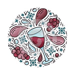Icewine. Cartoon glass with isolated grapes and snowflakes. Round doodle template of red wine. Hand drawn vector concept. Color