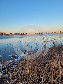 Icey lakes during the winter days sunset