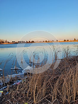 Icey lakes during the winter days sunset photo
