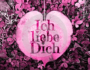 Ich liebe dich translation in German: I love you - written on heart shape leaf (Hibiscus tiliaceus